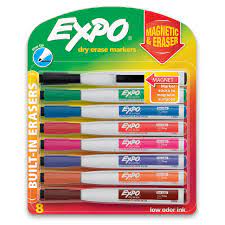 Expo Magnetic Dry Erase Colored Markers Fine Tip with eraser 8 pk